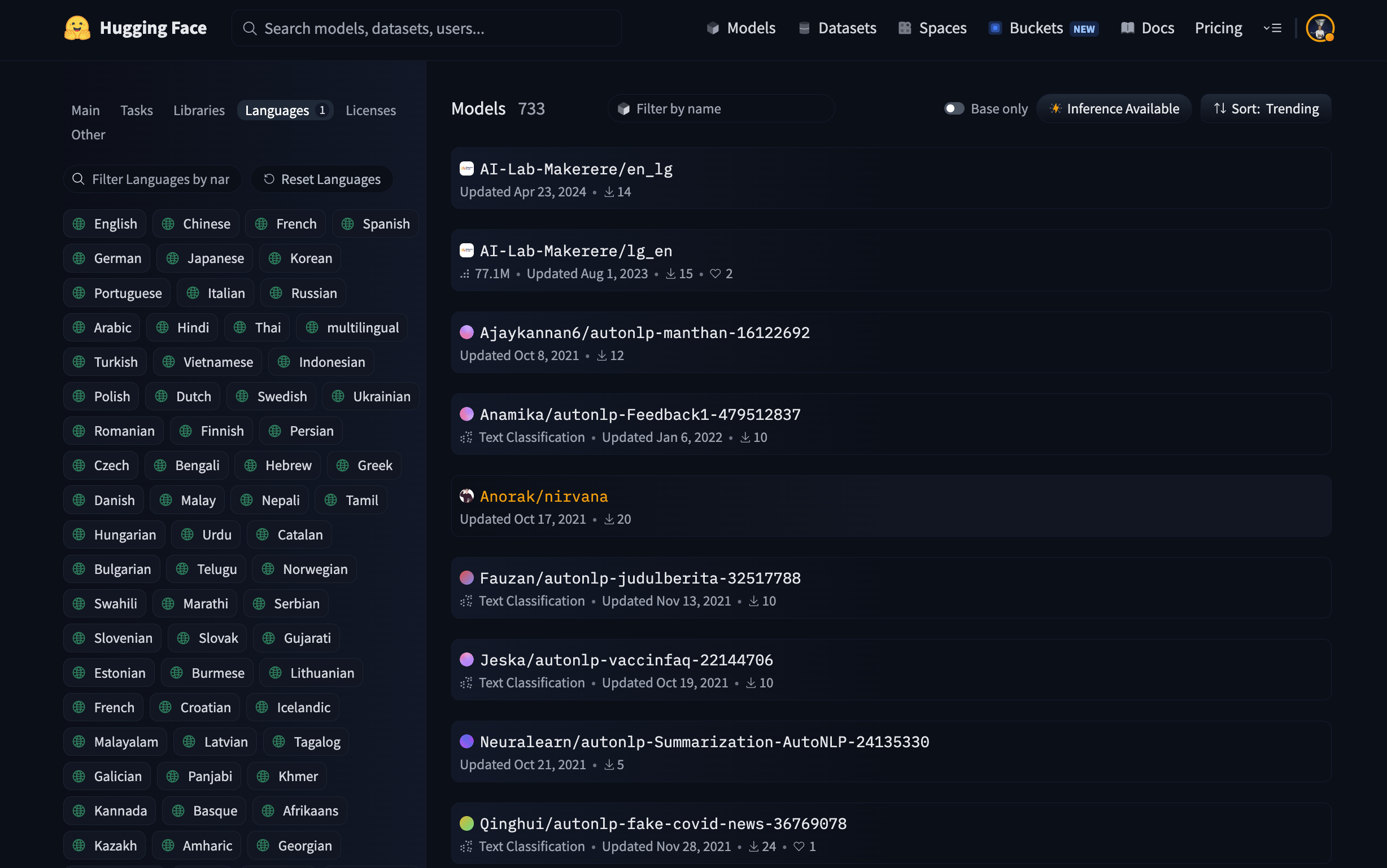Model search results returned by the Enawené-Nawé language filter