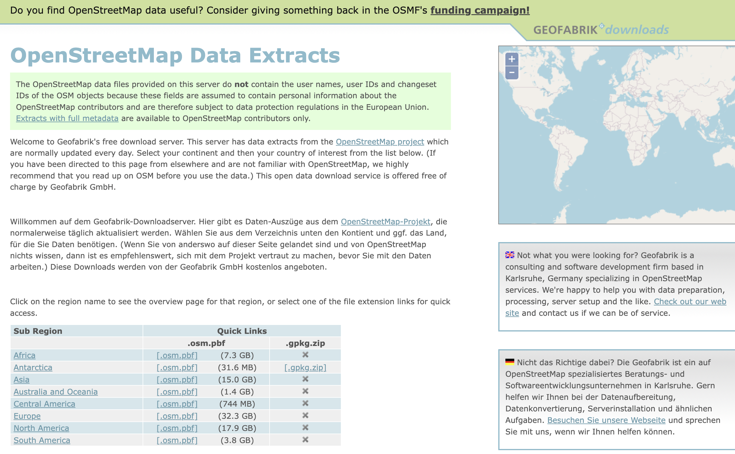 The Geofabrik download server to get OpenStreetMap data extracts