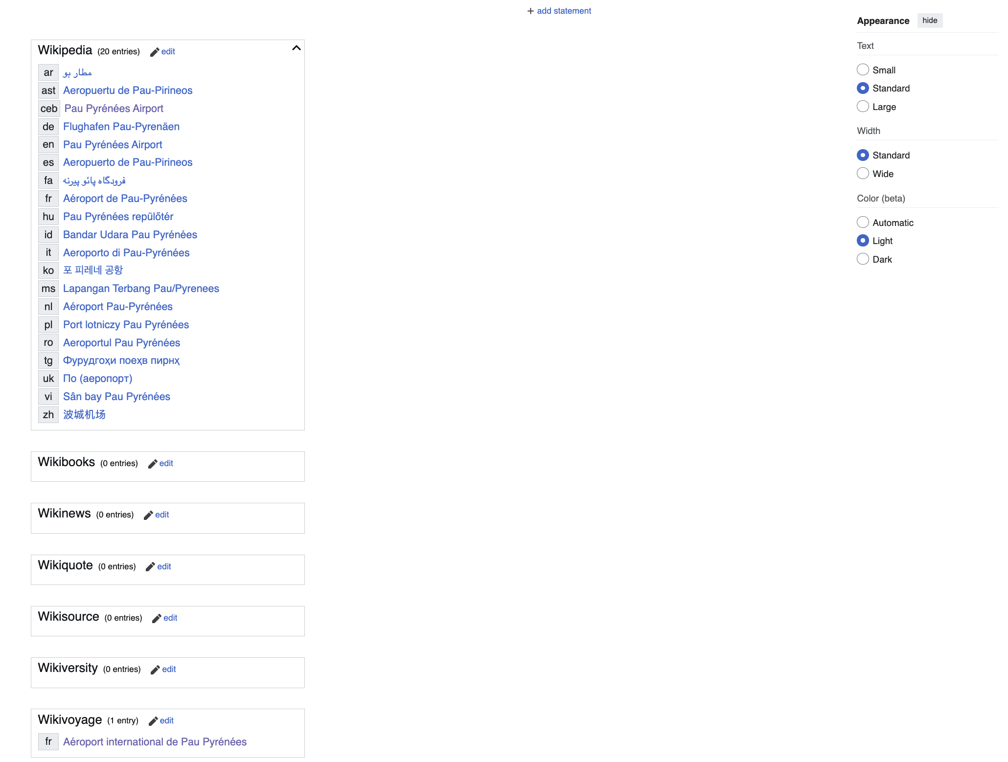 The Wikidata sources associated with the Airport of Pau (France).