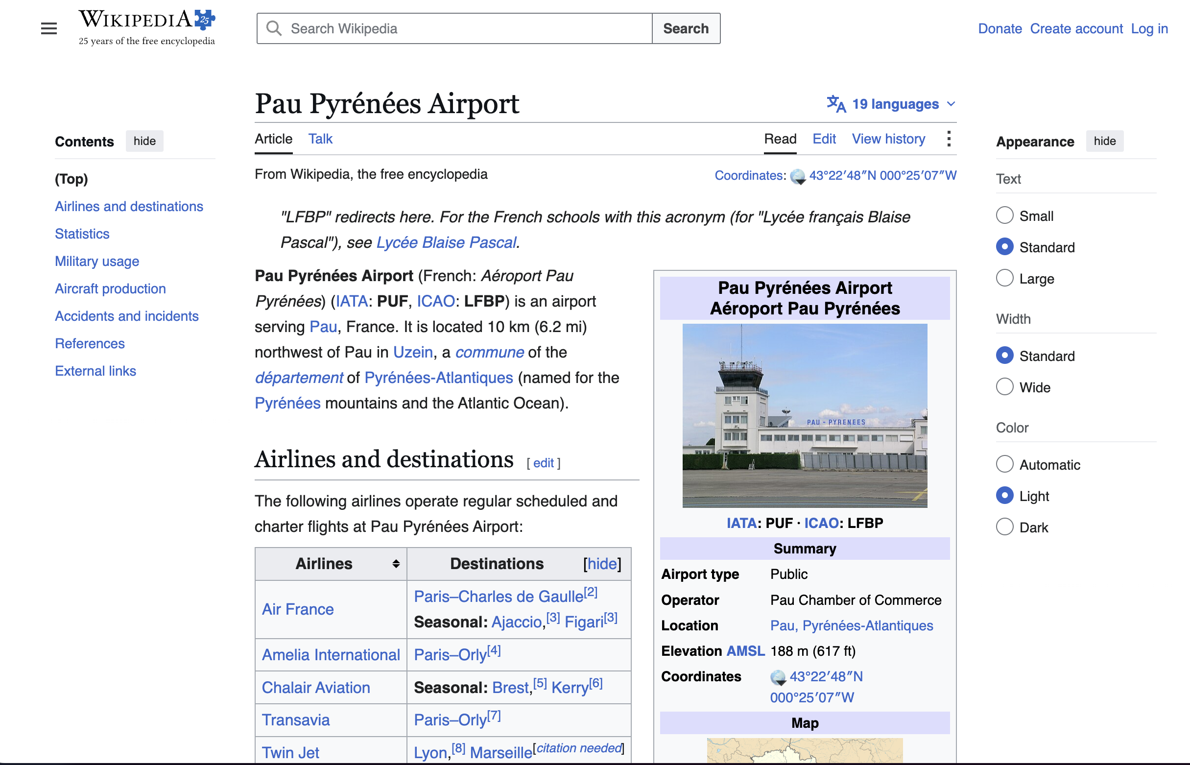 The english Wikipedia article associated with the Airport of Pau (France).